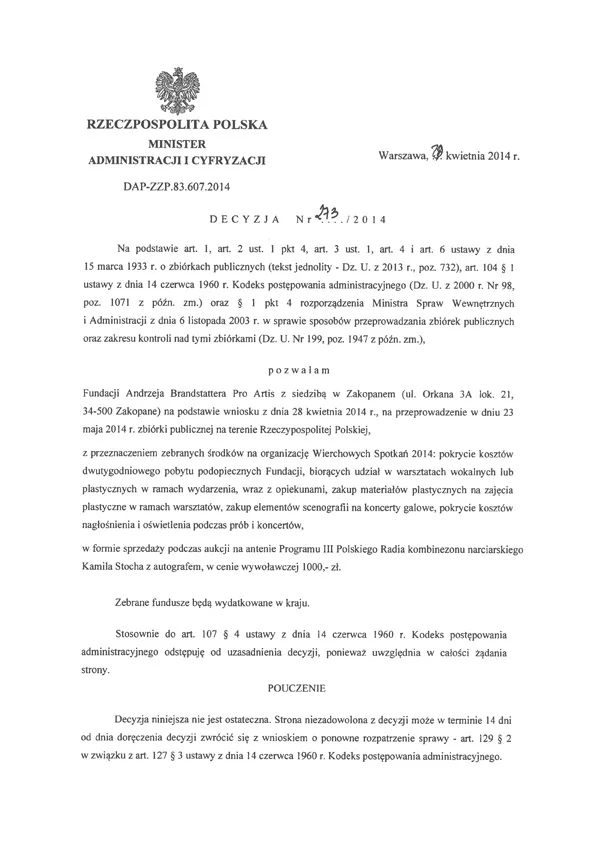 prettyPhoto Skan decyzji numer 273/2014 w sprawie zbiórki publicznej, strona 1 z 2.