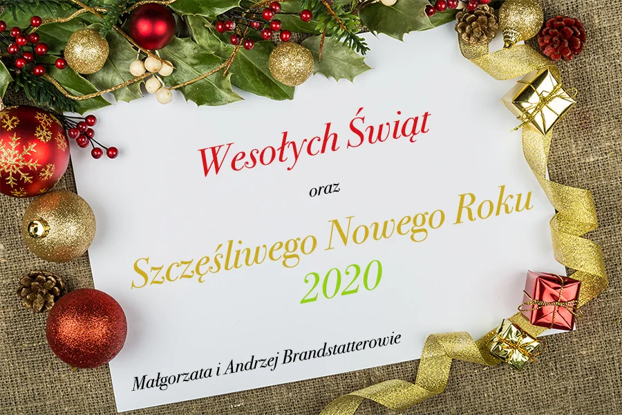 Kartka Fundacji Pro Artis z życzeniami: Wesołych Świąt i szczęśliwego Nowego Roku 2020.
